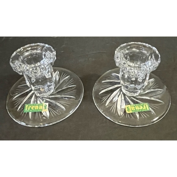 Irena Poland Crystal Taper Candle Candlestick Holders Vintage MCM Short Pair 2x - Picture 1 of 9